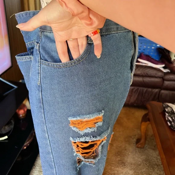 High Rise Jeans for Women Trendy 90s Denim Straight Leg Jeans orange thread rips - Picture 8 of 16